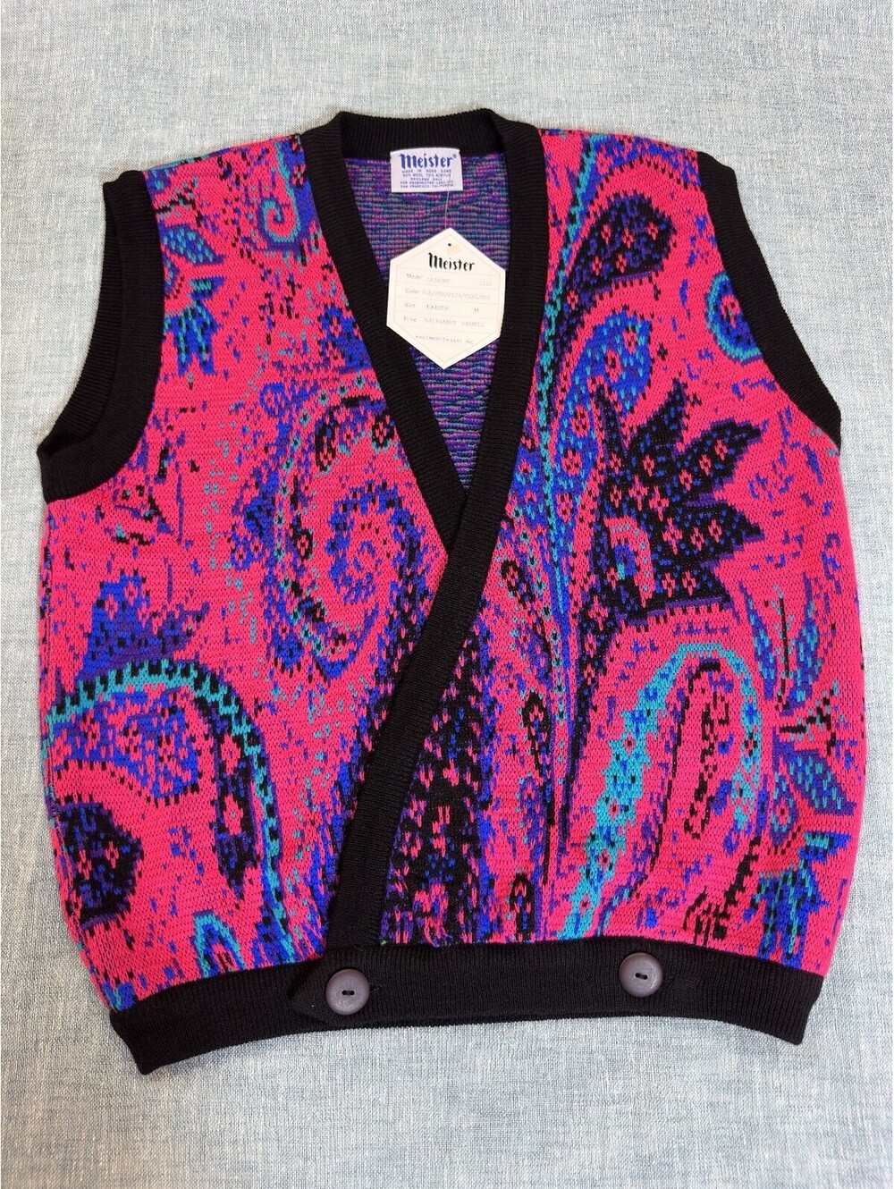 VTG NOS 80s Meister Salesman Sample Paisley Knit Sweater Vest Women M Fuchsia